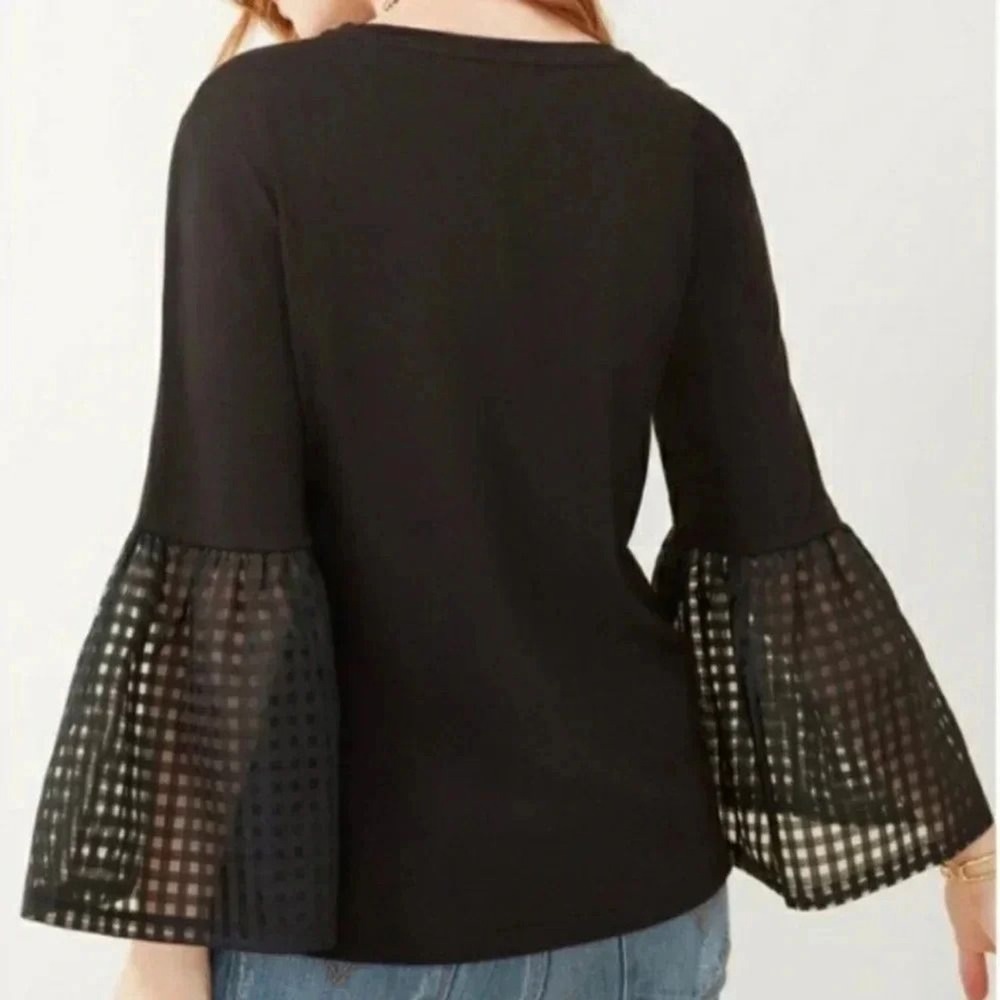 MAETTE Black Bell Sleeve Sheer Check Top Womens Extra Small‎ XS